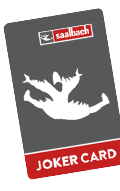 Joker Card von Saalbach mit Silhouette eines fallenden Wintersportlers.