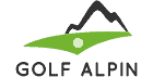 Logo mit Bergsilhouette und grünem Golfplatz
