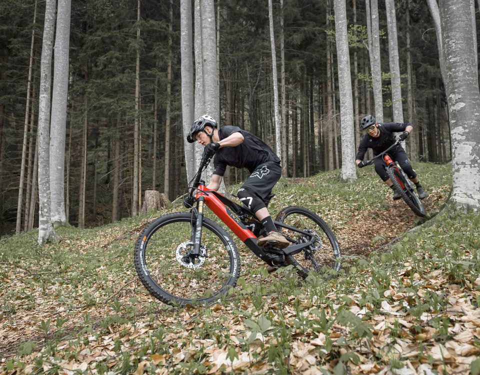 Zwei Mountainbiker auf Trail im Wald beim Aktivurlaub im Salzburger Land im Naturhotel