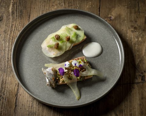 Gourmetgericht mit Fisch, essbaren Blüten und Gemüse auf grauem Teller