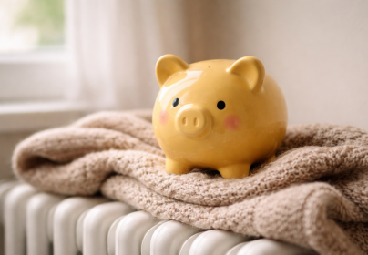 Gelbes Sparschwein auf einer gestrickten Decke über einem Heizkörper neben einem Fenster