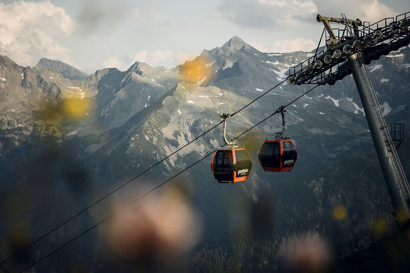Zwei Gastein-Gondeln vor Alpenpanorama im Sommer, Berge und Blumen im Hintergrund