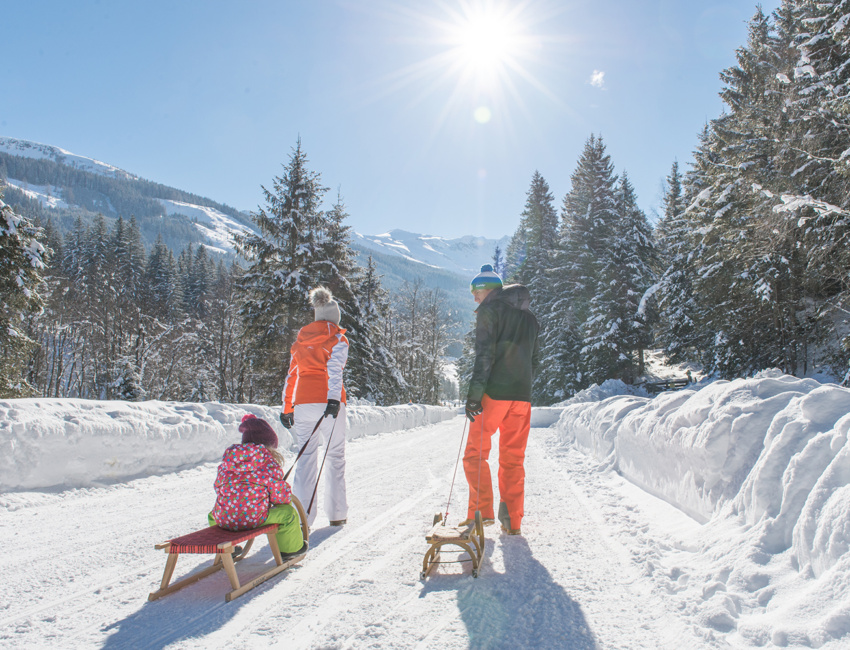 Due adulti trascinano un bambino su una slitta di legno attraverso un bosco innevato con panorama montano