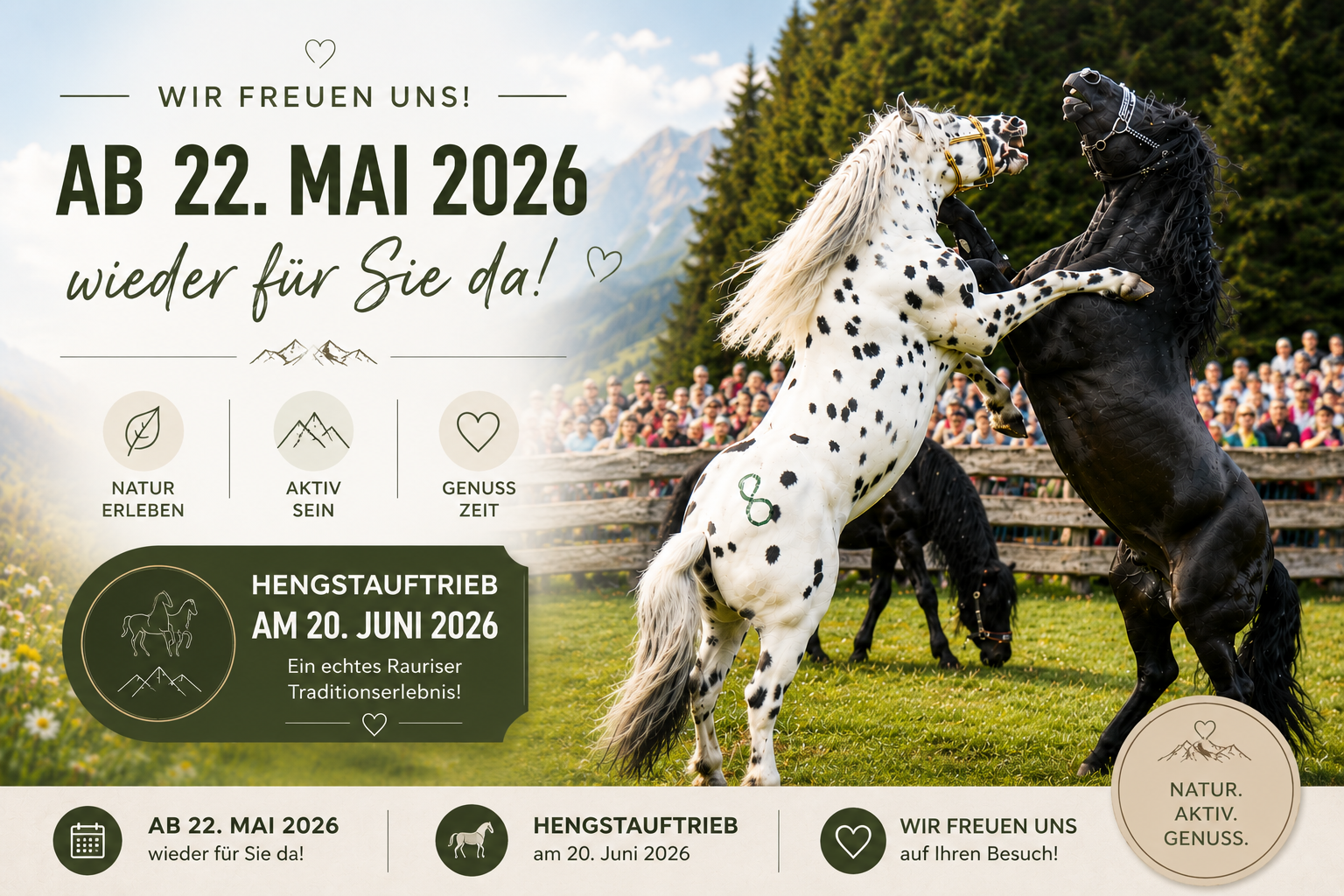 Dva vzpínající se koně před diváky a alpským panoramatem, vedle informace k letní sezóně od 22.května 2026