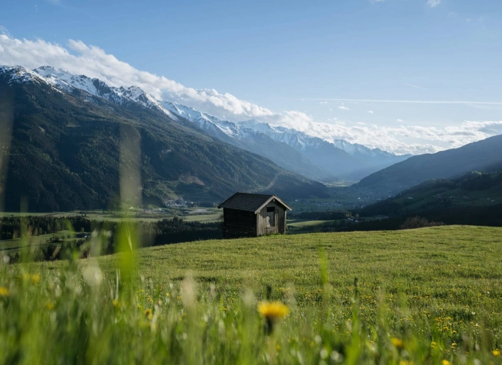 Holzhütte auf grüner Wiese vor schneebedeckten Bergen in den Kitzbüheler Alpen