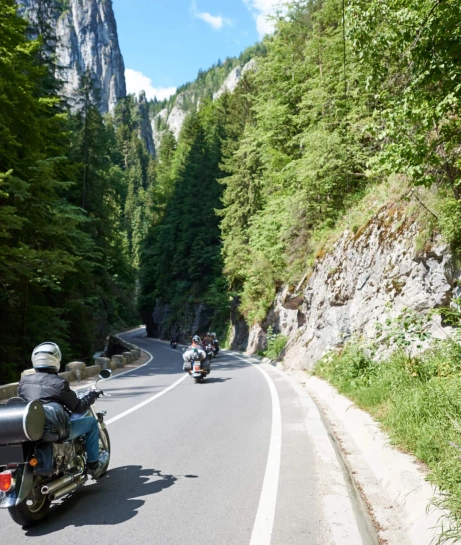 Motorradfahrer auf kurviger Alpenstraße umgeben von grünen Wäldern und Felsen