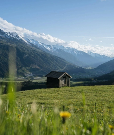 Holzhütte auf grüner Wiese mit Blick auf verschneite Berge der Hohen Tauern