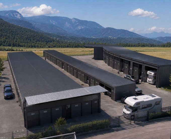 Lager- und Gewerbepark mit schwarzen Mietboxen, Wohnmobilen und Autos vor Berglandschaft