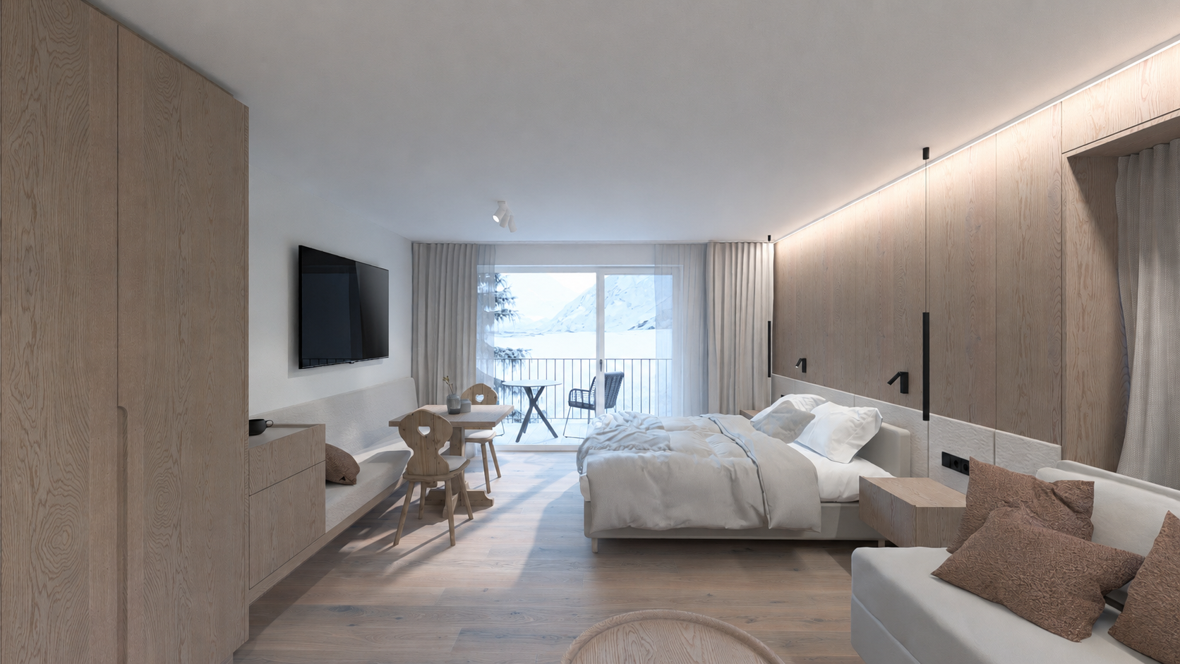 Modernes Appartementzimmer mit Doppelbett, Holzverkleidung, Sofa und Balkon mit Bergblick
