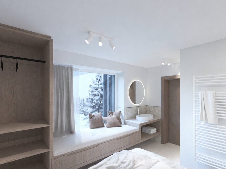 Helles alpines Zimmer mit Holzschrank, Fensterbank, Waschplatz und Blick auf verschneite Bäume