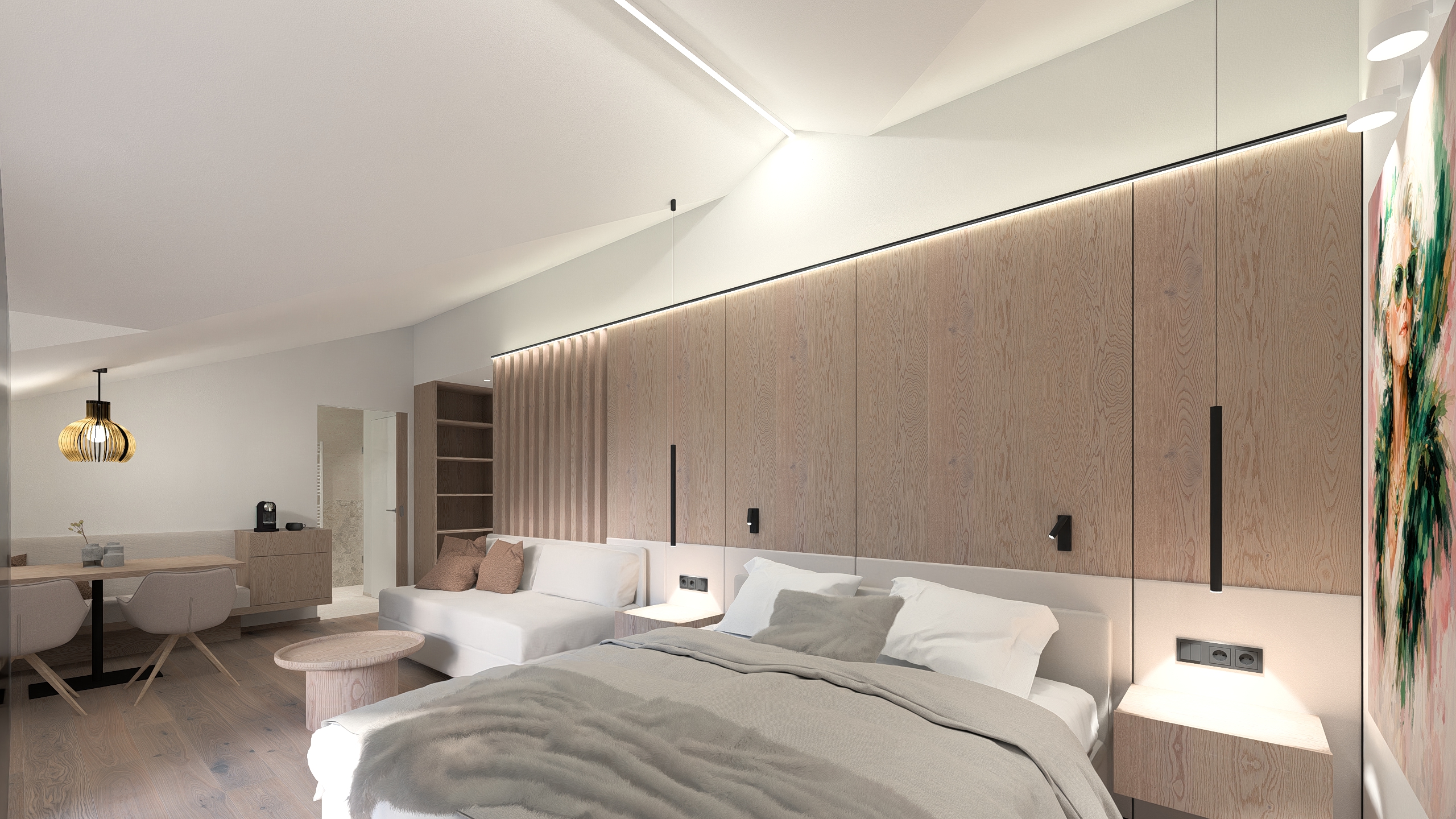 Modernes Schlafzimmer im Dachgeschoss mit Doppelbett, Holzvertäfelung, Sofa und Essplatz unter schräger Decke