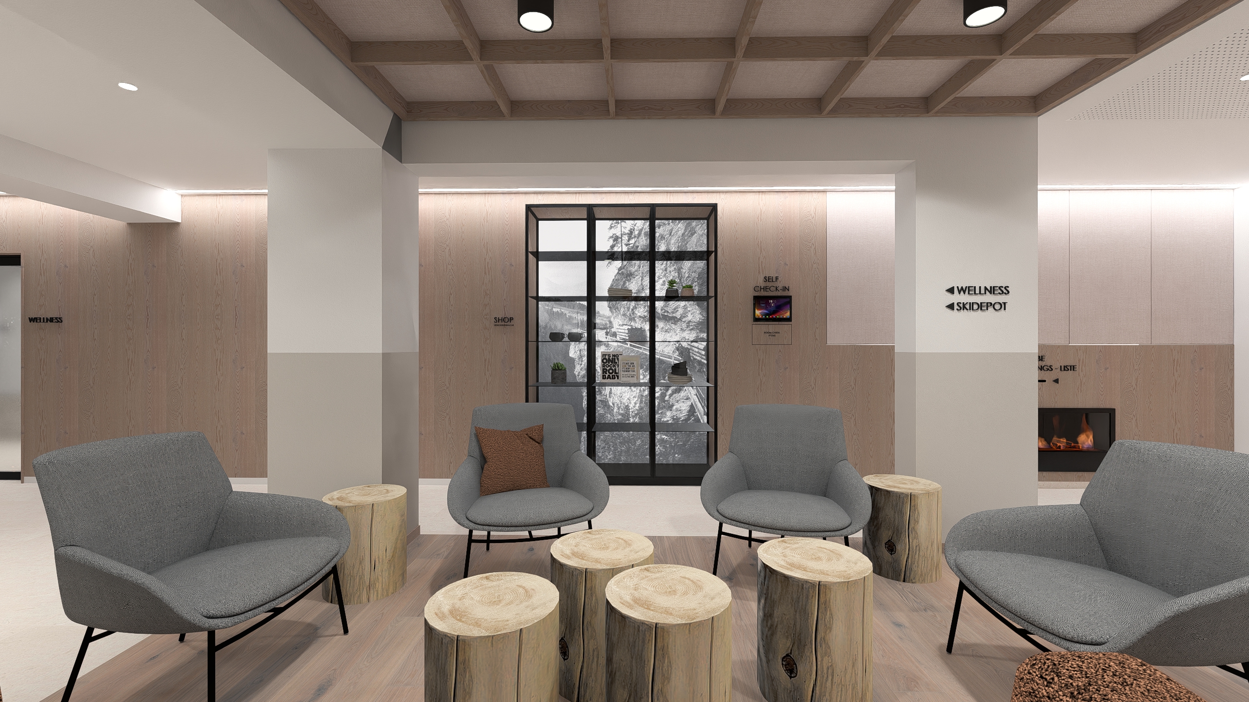 Loungebereich mit grauen Sesseln, Baumstamm-Tischen, Holzverkleidung, Self-Check-in und Wegweisern