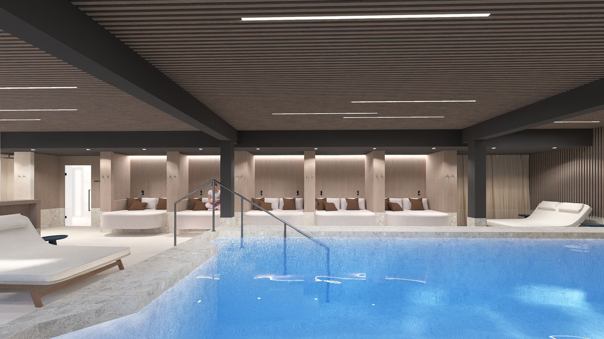 Moderner Wellnessbereich mit Indoorpool, Ruheliegen, Holzverkleidung und warmem Licht