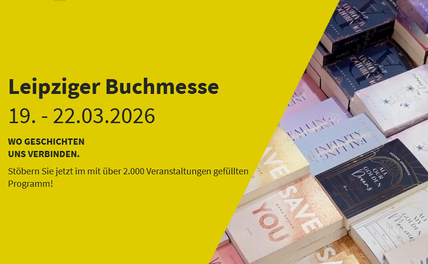 Graphic for Leipzig Book Fair March 19–22, 2026 with stacked books in the background