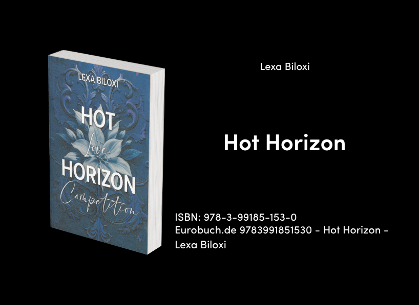 Buchcover von „Hot Horizon“ neben Autorinnenname, Titel und ISBN auf schwarzem Hintergrund
