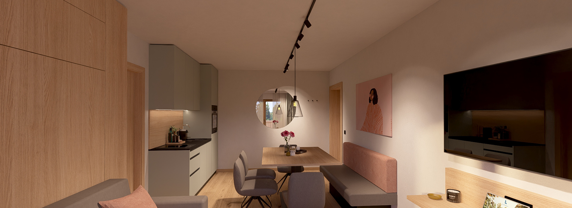 Modernes Apartment mit Küchenzeile, Esstisch, Sofa, Sitzbank, Holzflächen und großem Fernseher