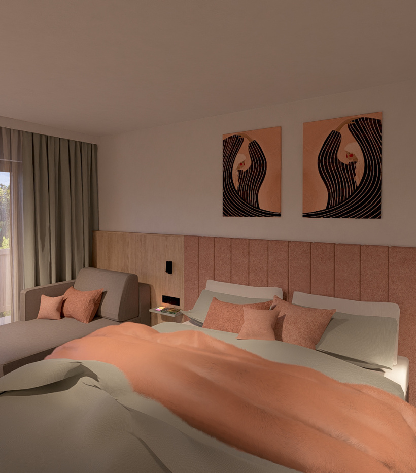 Modernes Schlafzimmer mit Doppelbett, rosafarbenem Kopfteil, Liege und Balkonfenster mit Blick ins Grüne
