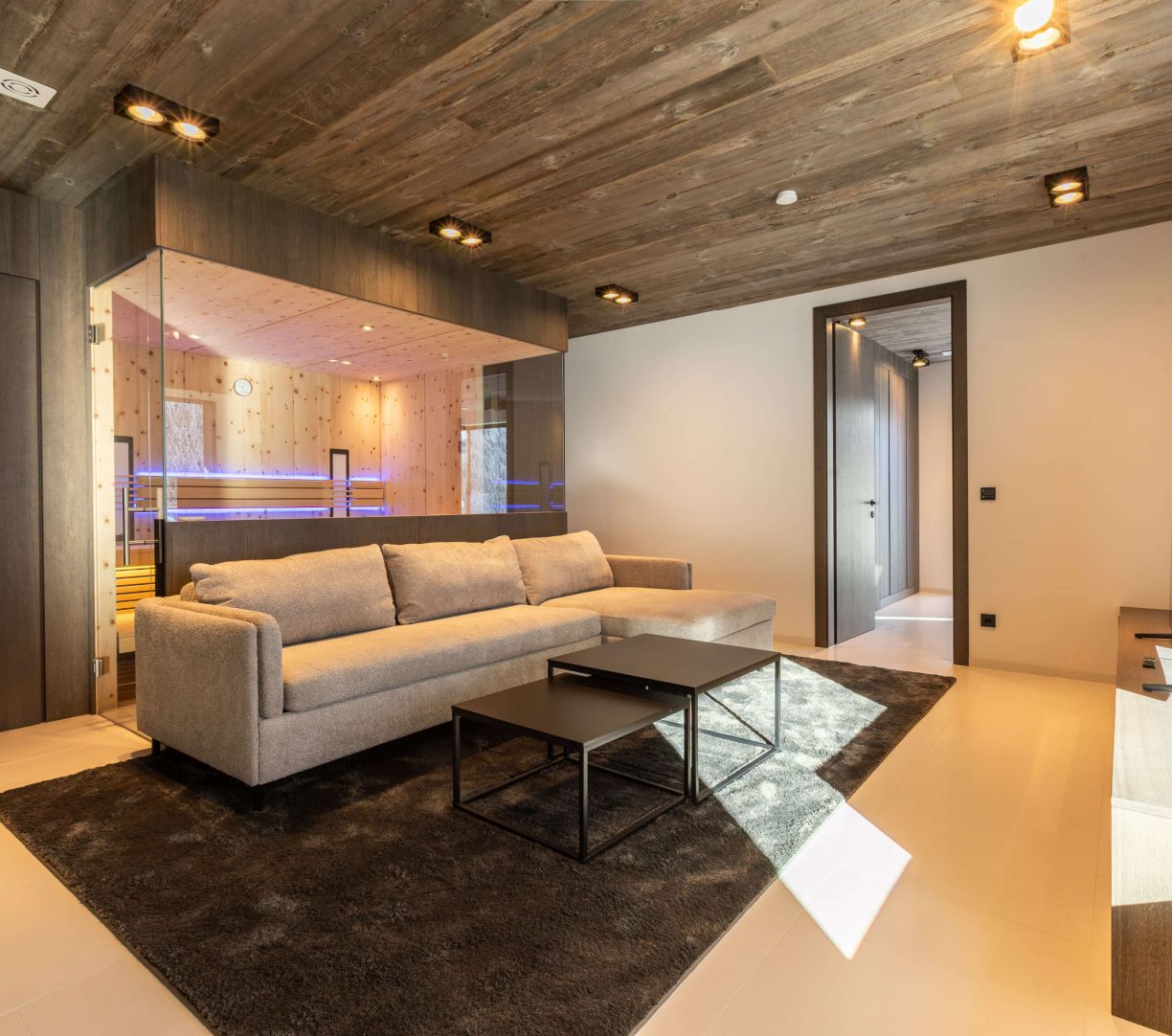 Elegantes Wohnzimmer im Deluxe Chalet mit Sauna, moderner Einrichtung und hellem Ambiente.