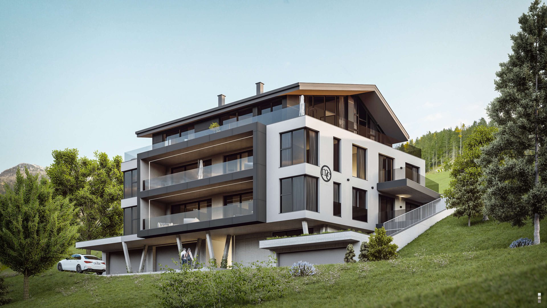 Modernes Mountain Chalet in Tirol mit luxuriösen Terrassen und umliegender Natur.