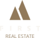 Logo mit zwei stilisierten braunen Bergen und Text First Real Estate darunter