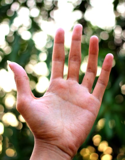 Offene Handfläche vor unscharfem Naturhintergrund für Handlesen und spirituelle Beratung